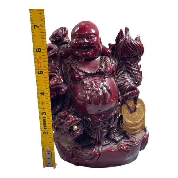 Laughing Buddha Figurine Dragon Gold Coin Red Glaze Resin Feng Shui Wealth READ - Picture 6 of 11